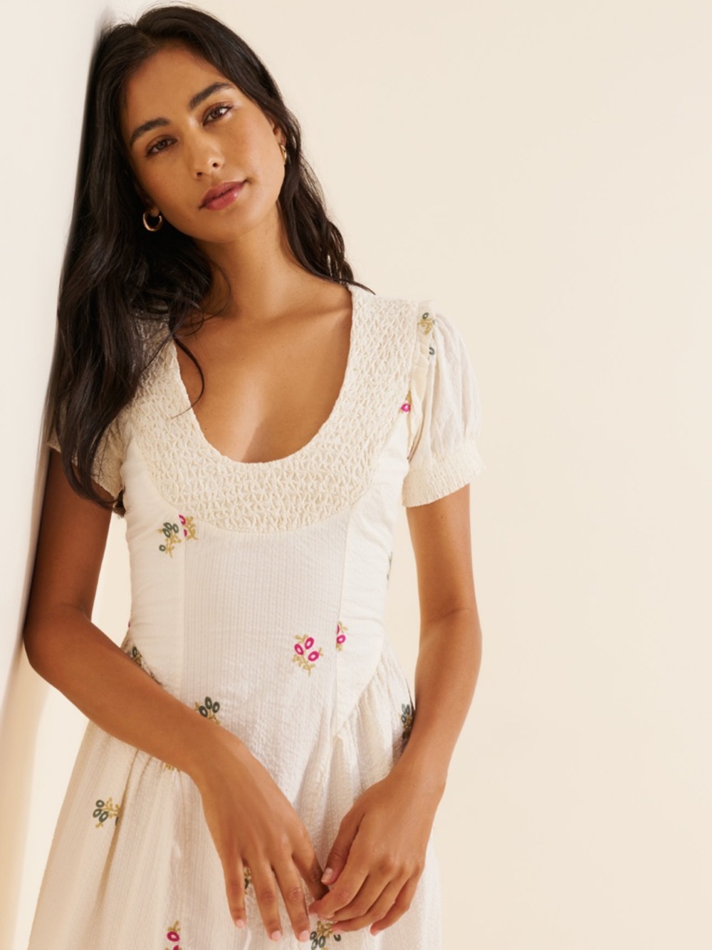 Free People Cream Embroidered Midi Dress with Pink & Green Accents
